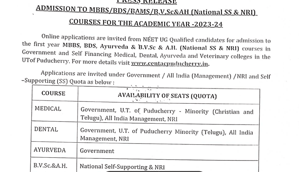 CENTAC Puducherry NEET Counselling registration 2023 starts check