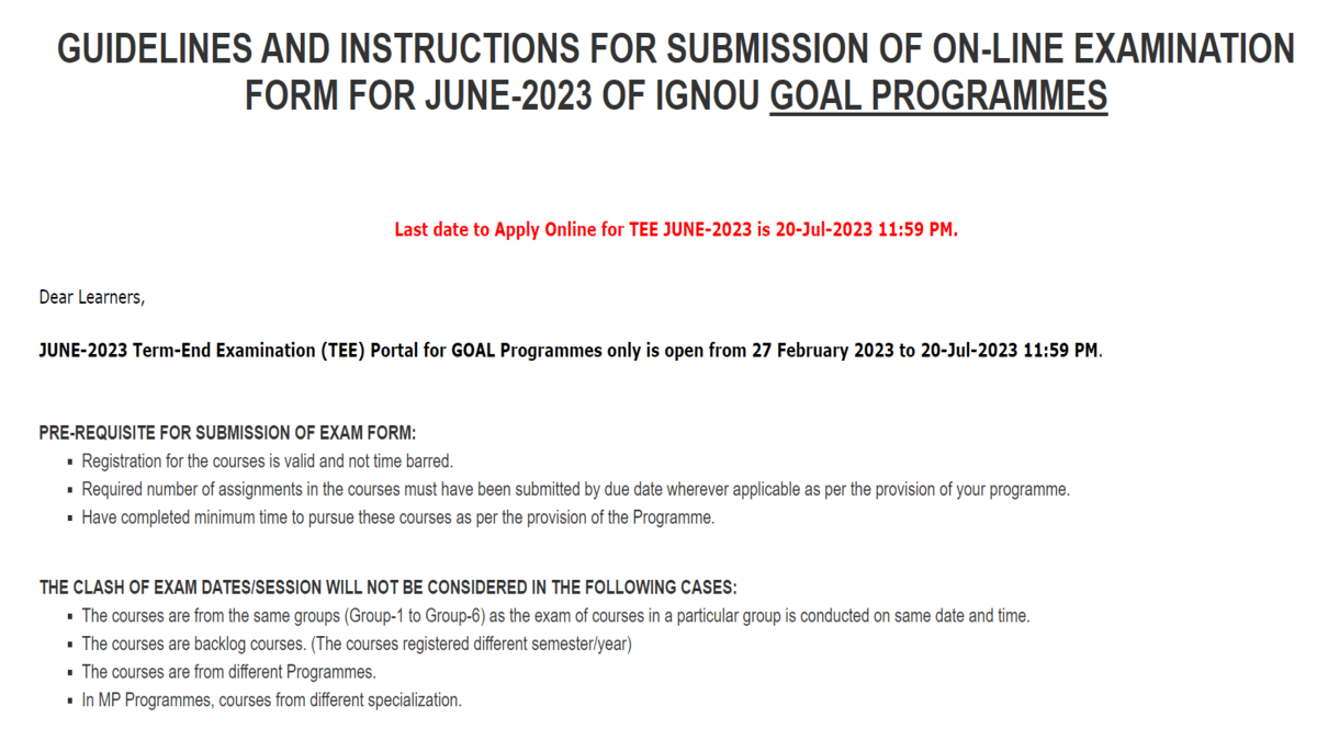 IGNOU June TEE Registration 2023 For GOAL programmes