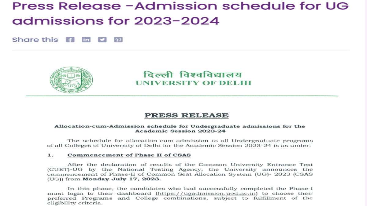 Delhi University UG Admission 2023: DU CSAS 1st allocation list on Aug