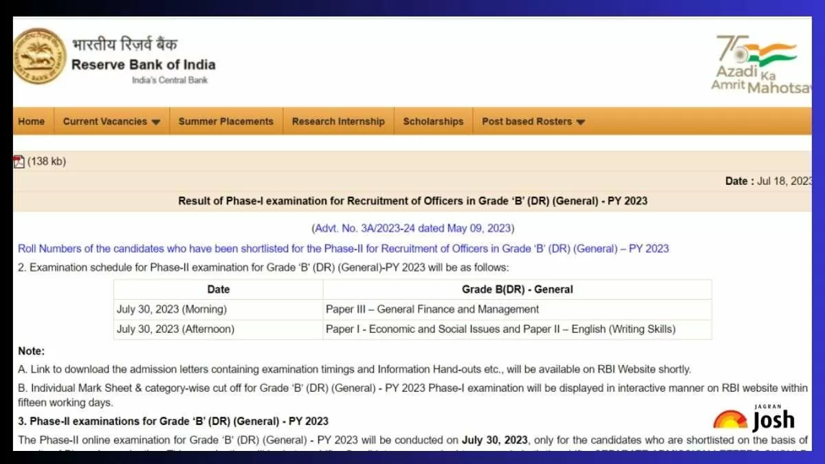 आरबीआई ग्रेड बी प्रीलिम्स रिजल्ट 2023 पीडीएफ लिंक