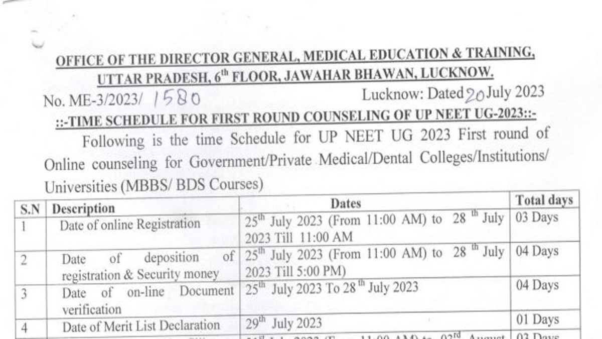UP NEET UG Counselling 2023 Schedule Out, Check Round 1 Dates Here