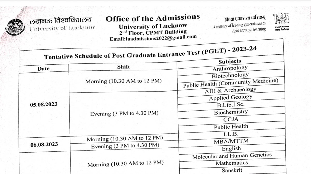 Lucknow University PGET exam dates 2023 announced, check schedule here ...