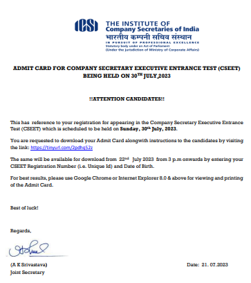 CSEET July Admit Card Notice