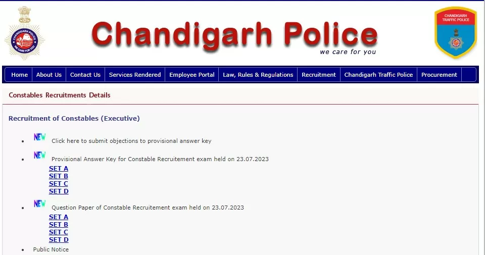 Chandigarh Police Constable Answer Key 2023 PDF
