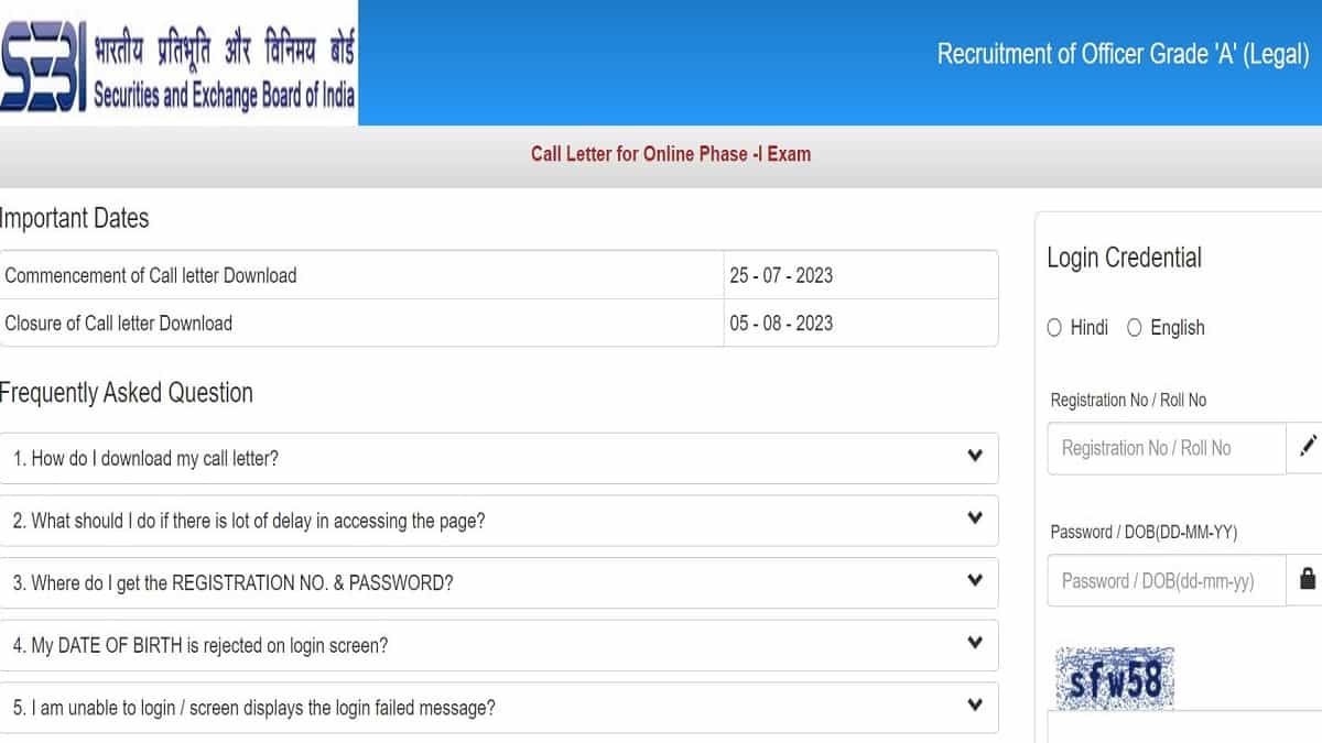 SEBI Grade A Admit Card 2023 Out: Download Link to Legal Officer AM Call Letter on sebi.gov.in