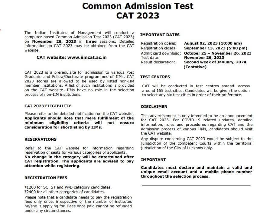 CAT 2023 Notification Out, Apply Online, Exam Date (26 Nov