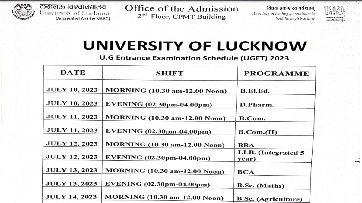 UGET Exam Dates 2023 Released, Check University Of Lucknow BA, BSc ...