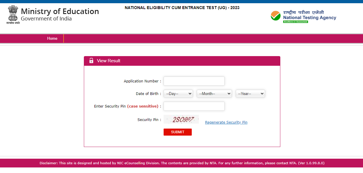 NEET UG 2023 Login window