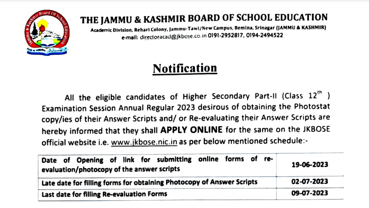 JKBOSE 12th Result Re-evaluation 2023 Application Window To Open On ...