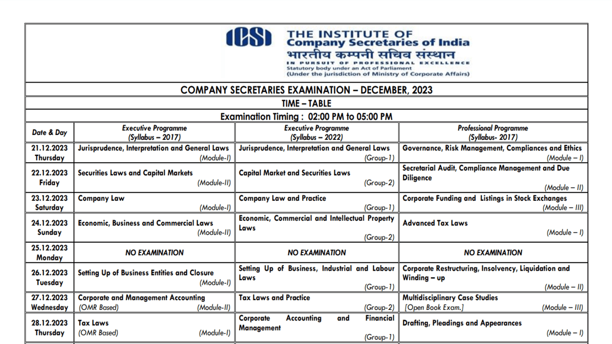 ICSI CS December Exam Schedule 2023 Releases Check CS Executive 