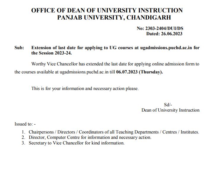 Panjab University UG Admissions Last Date Extended