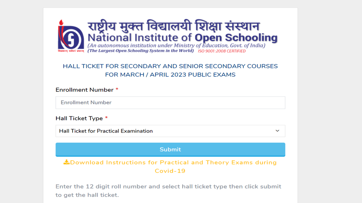 NIOS Hall Ticket 2023 Releases for Practical Exams