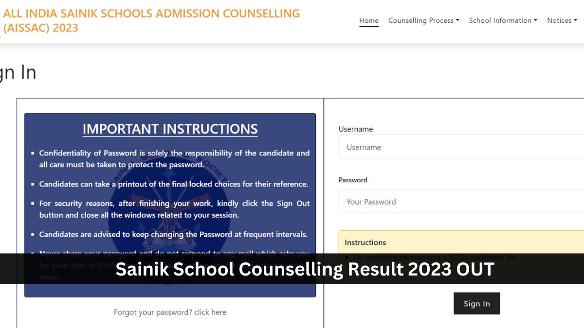 Sainik School Counselling Result 2023 OUT