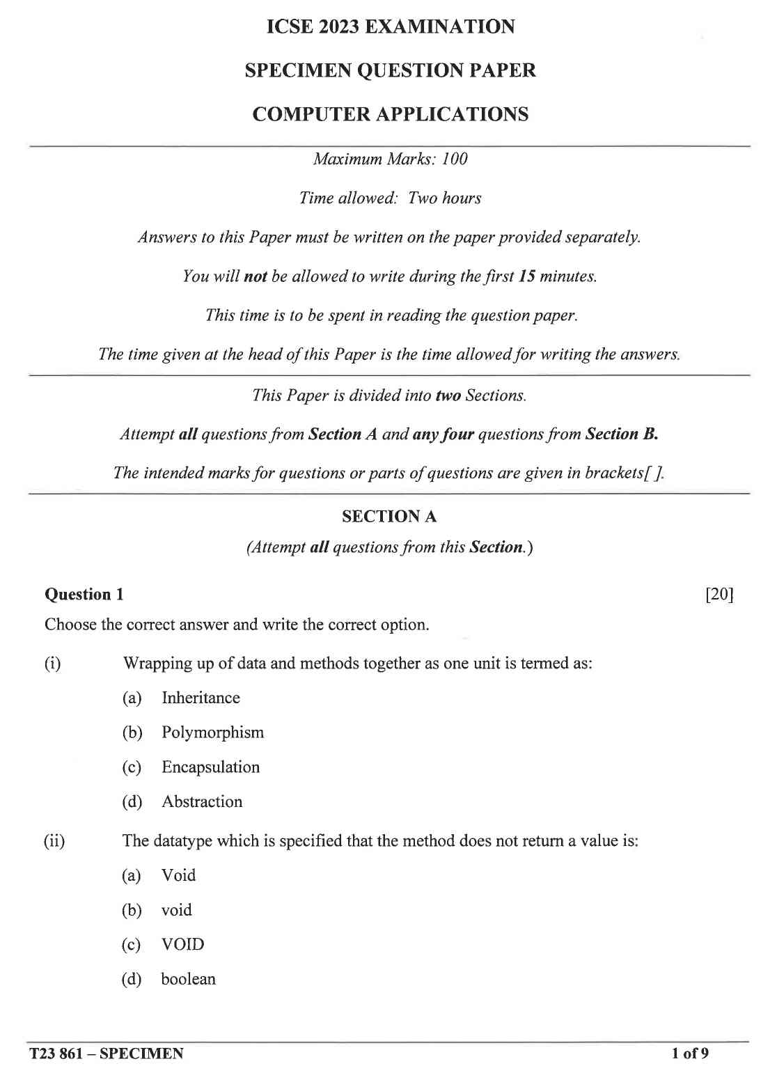 ICSE Computer Applications Specimen Paper 2023 CISCE Class 10 Computer