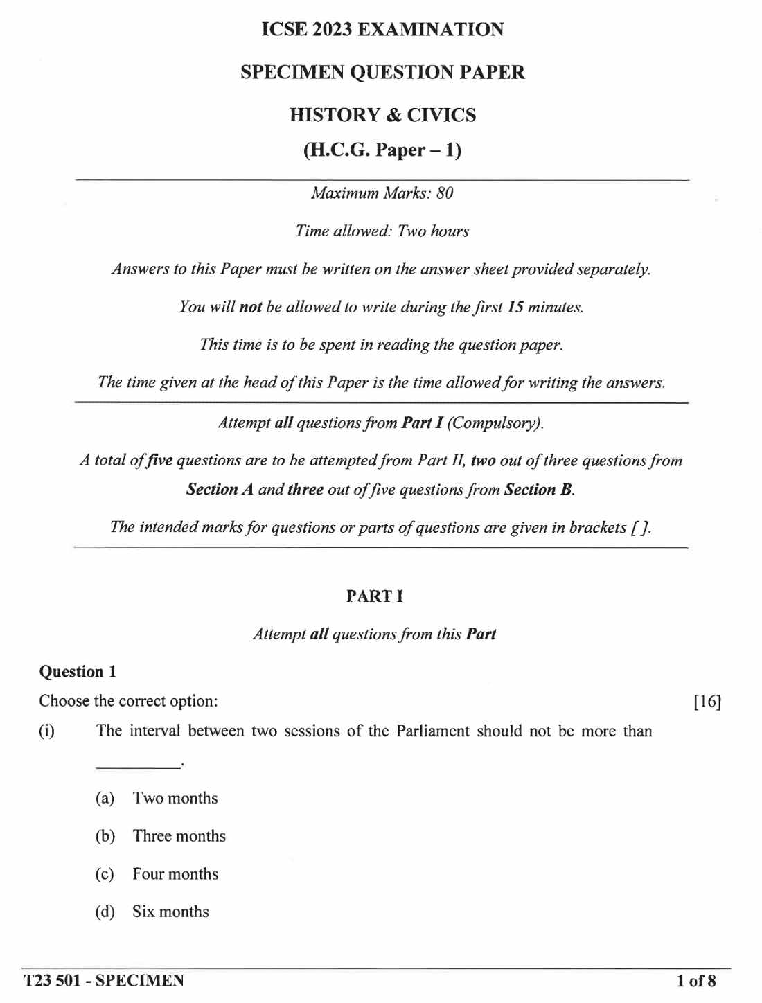 ICSE History and Civics Specimen Paper 2023 Image 1