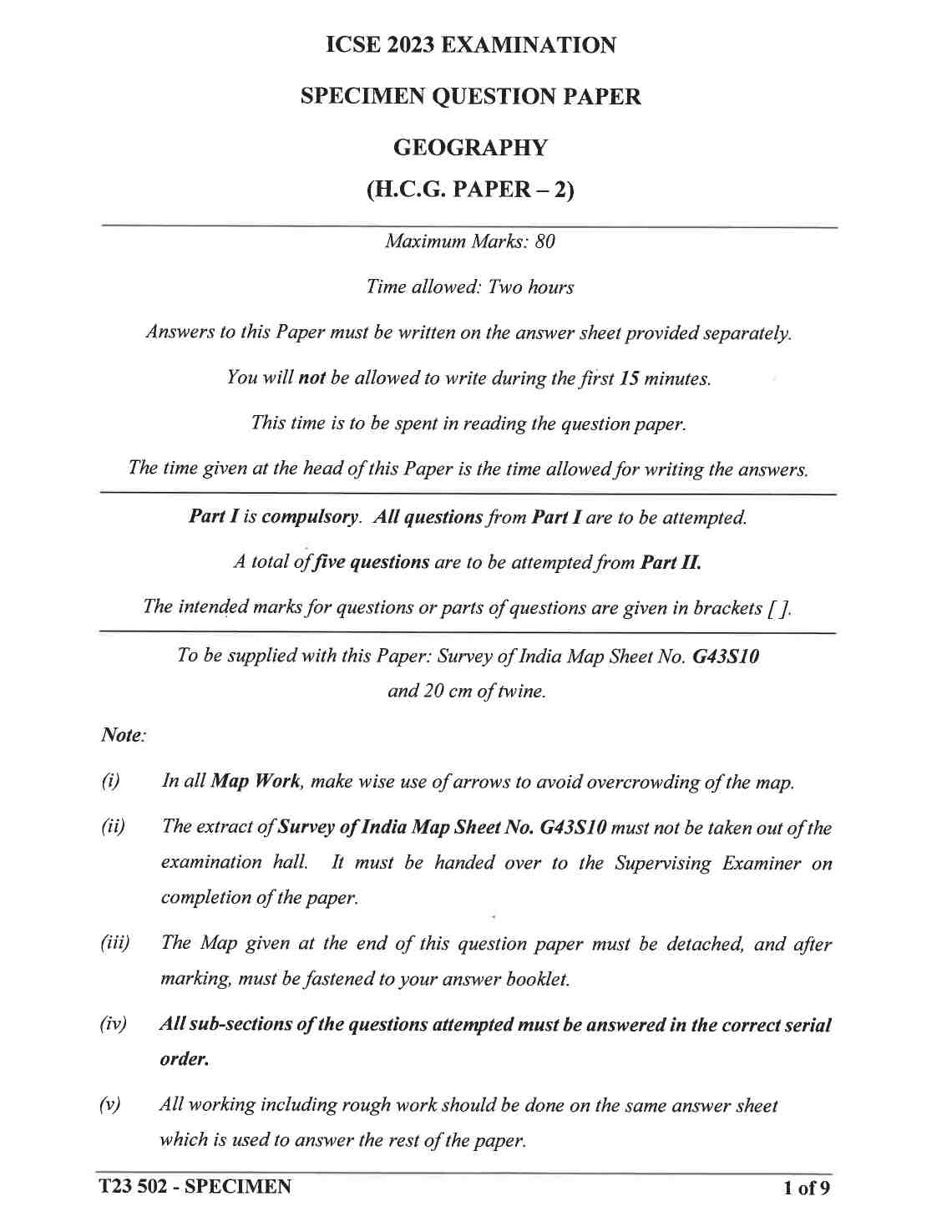 ICSE Geography Specimen Paper 2023: CISCE Class 10 Geography Sample ...