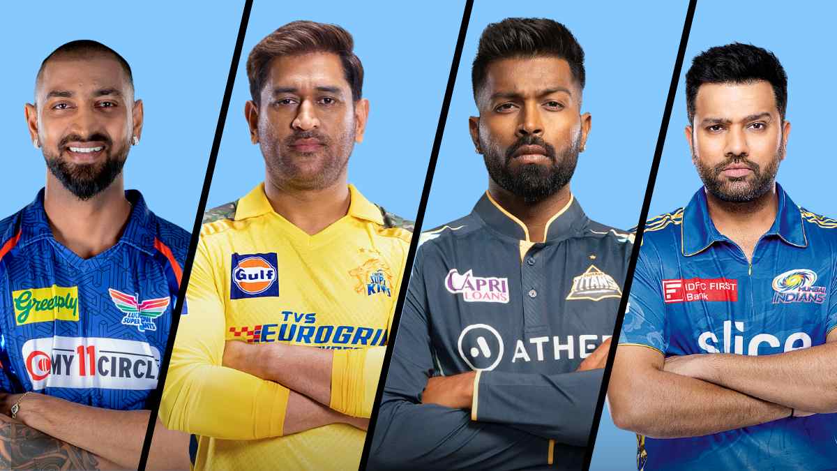 Kunal Pandya of Lucknow Giants, MS Dhoni of Chennai Superkings, Hardik Pandya of Gujarat Titans and Rohit Sharma of Mumbai Indians