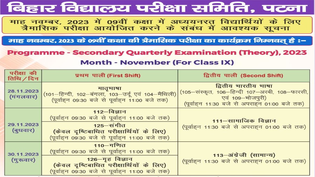 BSEB Bihar Board Class 9 Quarterly Exam 2023 From November, Check