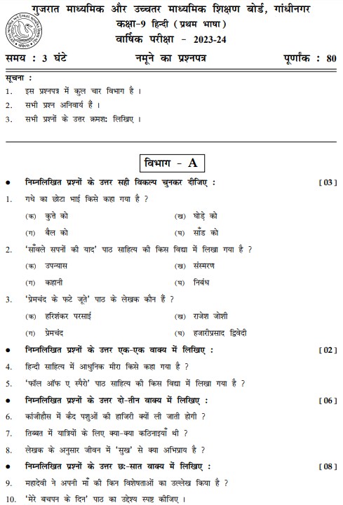 Gujarat Board 9th Hindi Model Test Paper 2024: Download Class 9 Hindi ...