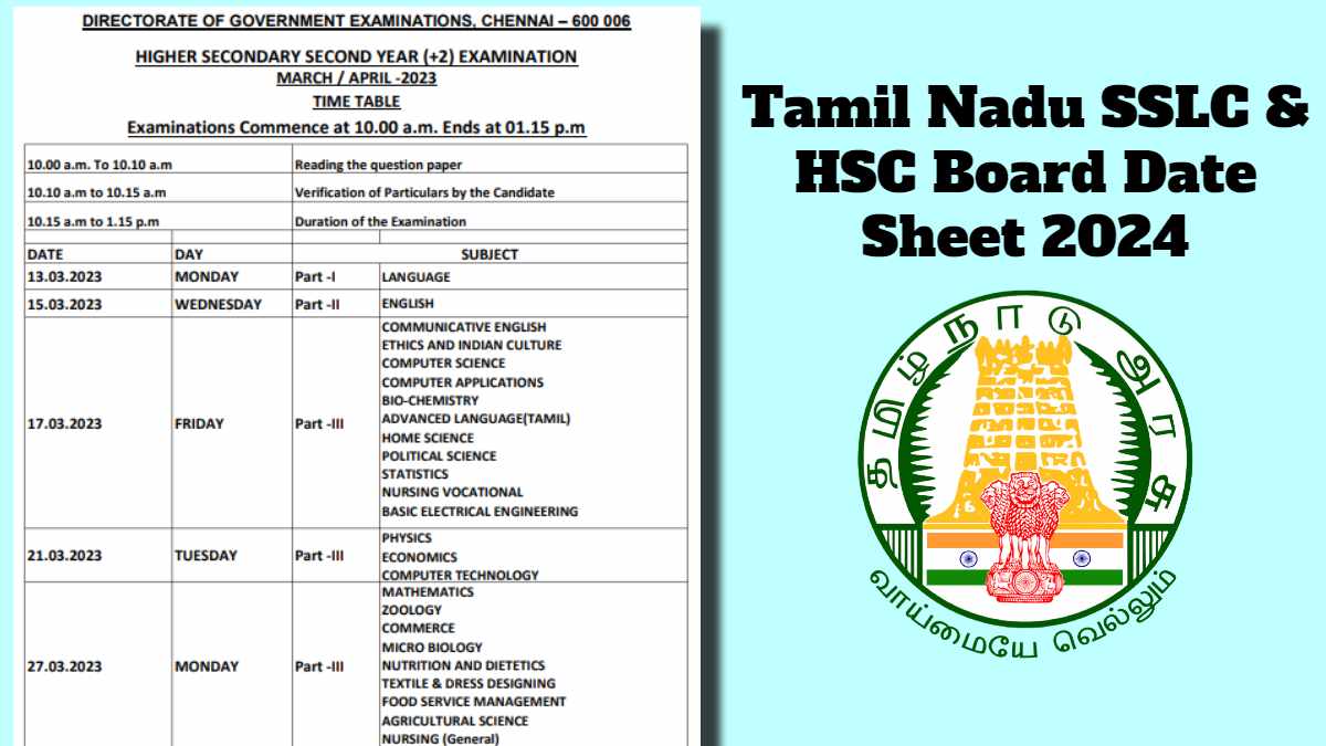 Tamil Nadu Board Date Sheet 2024 TN Board Class 10th, 11th and 12th