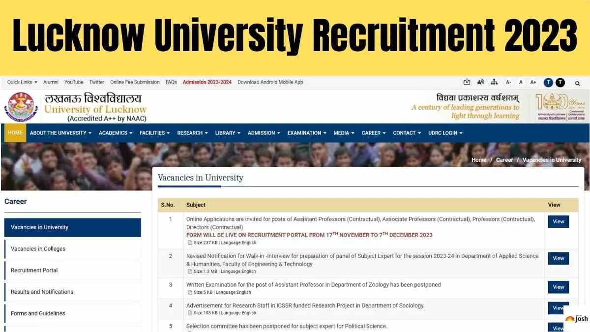 Get all the details of Lucknow University Recruitment 2023 for Faculty here.