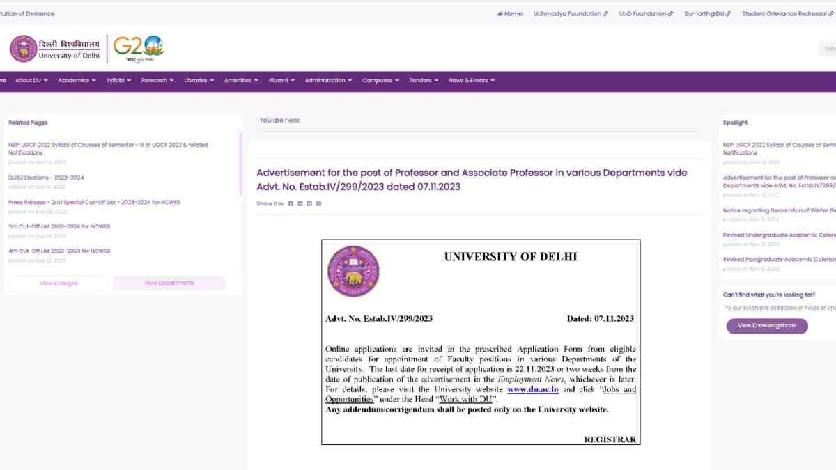 Read more about the article दिल्ली विश्वविद्यालय में फैकल्टी के पदों पर भर्ती के लिए अधिसूचना जारी