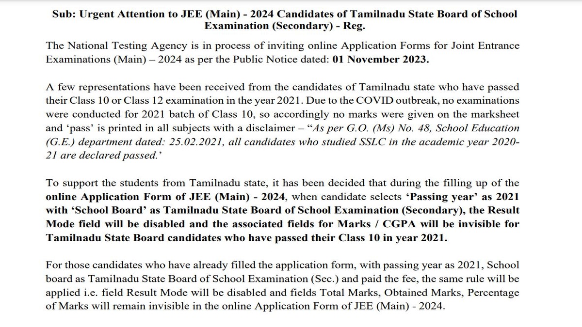 NTA Releases Important Notice for Tamil Nadu Candidates 