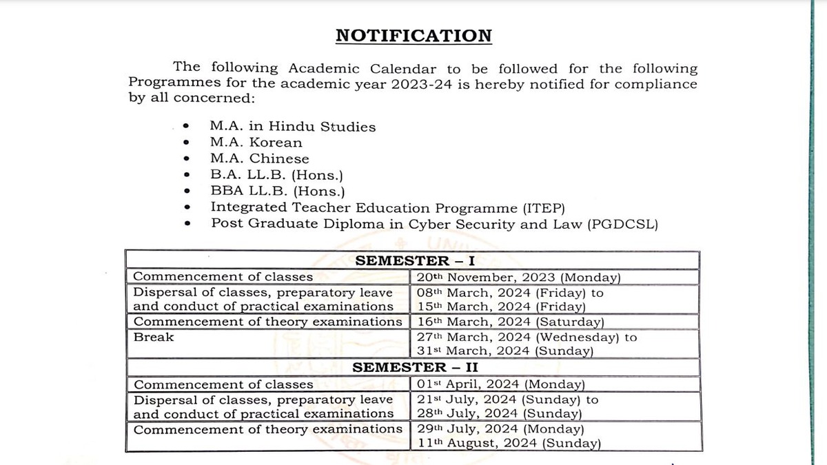 Delhi University Academic Calendar 2023-24