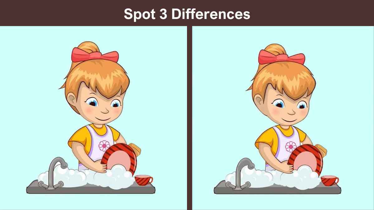 Spot 3 differences between the girl washing dish pictures in 10 seconds!