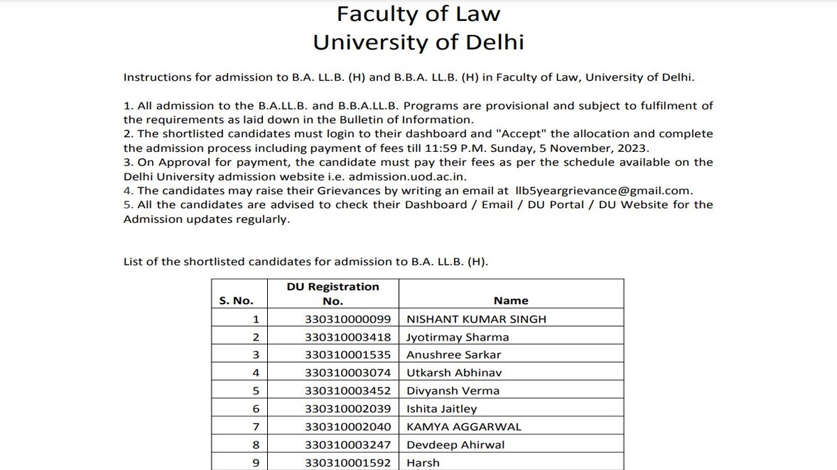 DU LLB 5-Year Admission List 2023 Releases, Get Link To Download Here ...