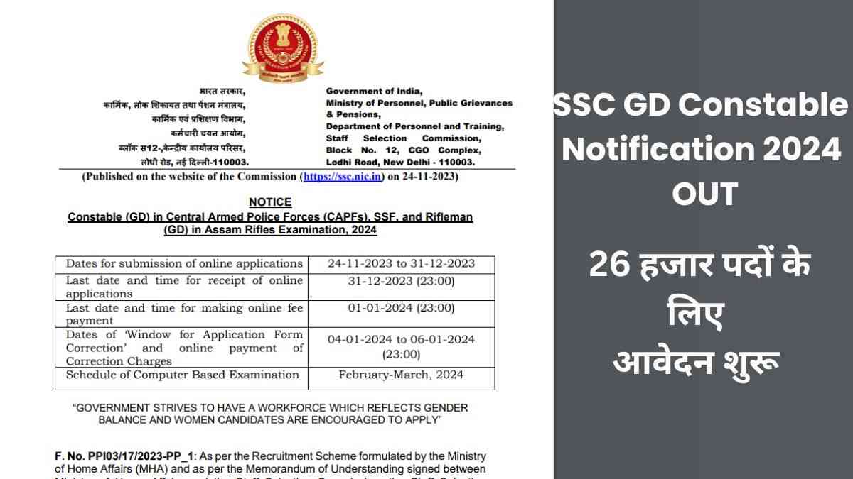 SSC GD Constable Notification 2024 OUT एसएससी जीडी कांस्टेबल परीक्षा