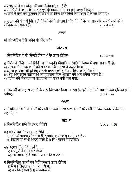 HP Board Class 10 Model Question Paper Hindi PDF Download