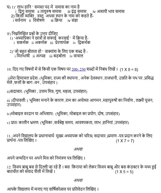 HP Board Class 10 Model Question Paper Hindi PDF Download