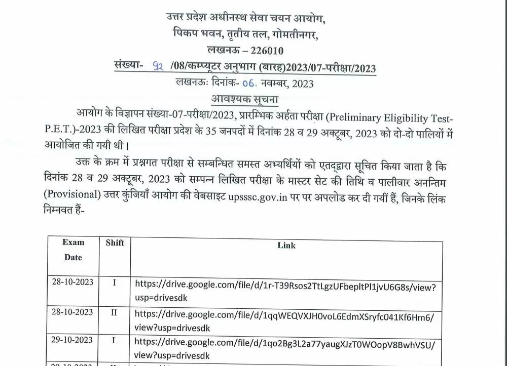यूपी पीईटी परीक्षा की उत्तर कुंजी 2023 पीडीएफ इस लेख में दिए डायरेक्ट लिंक से डाउनलोड करें