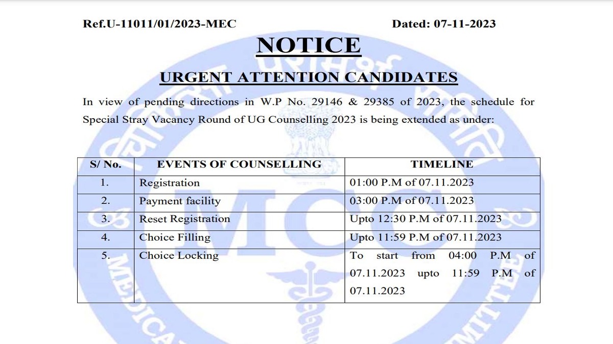 NEET UG 2023 Special Stray Vacancy Round Dates Extended, Check Choice ...