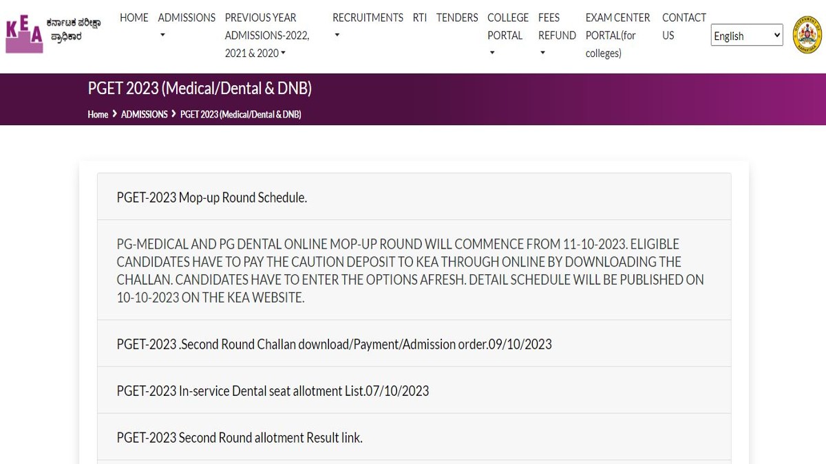 Karnataka PGET Mop up Round Counselling 2023