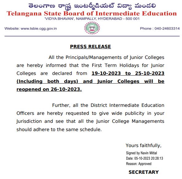 TS Inter Dussehra Holidays 2023 Telangana Schools and Colleges To