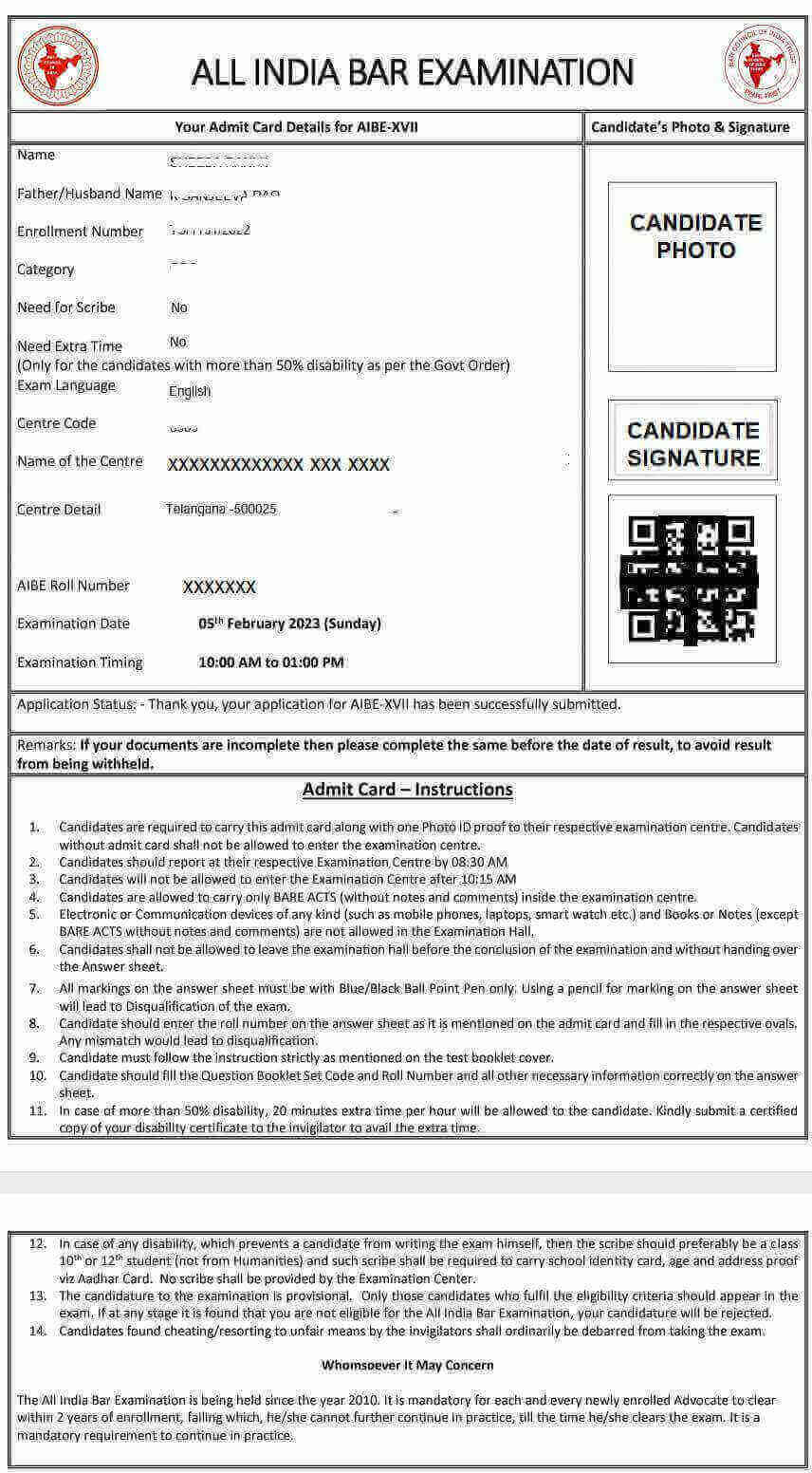Here is the AIBE 18 Admit Card 2023 sample