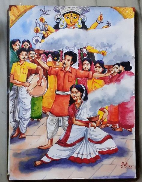 Durga Puja | WATERCOLOR ON PAPER | Portrait | MO-124-702159 | Dirums.com