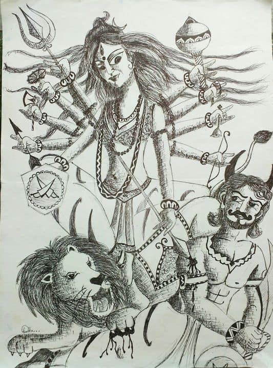 Art drawings of Goddess Durga dressed as a doctor and wearing facemask as  she spears coronavirus, painted by children of Sundarbans prior to the  celebration of Durga Puja festival amidst covid-19 pandemic