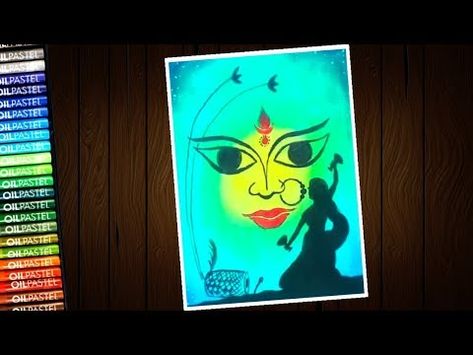 how to draw durga puja scenery drawing step by step / maa durga face drawing  with oil pastel - YouTube