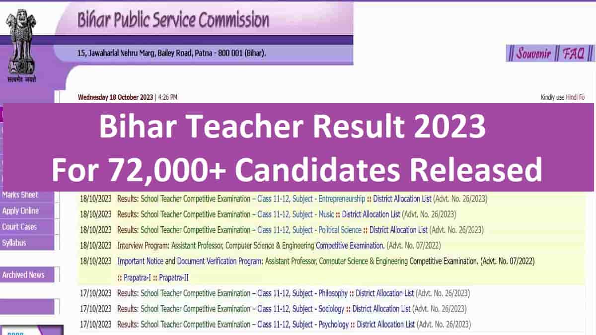 Bihar Teacher Result 2023 Out For More Than 72000 Candidates ...