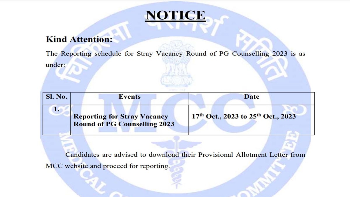 NEET PG 2023 Stray Vacancy Round: MCC Extends Last Date For Reporting ...