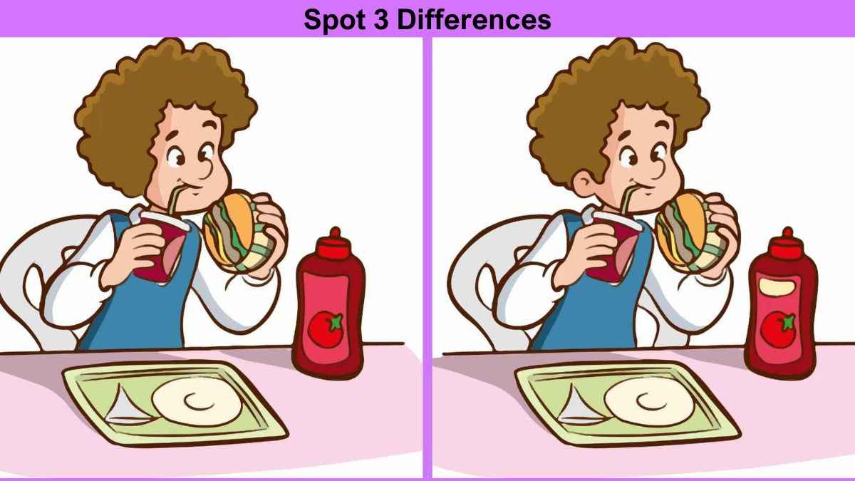 Spot 3 differences between the man eating burger pictures in 8 seconds!