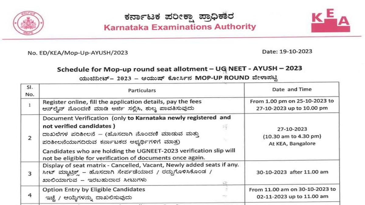 Karnataka NEET UG AYUSH Counselling 2023 Mop up Round Registration