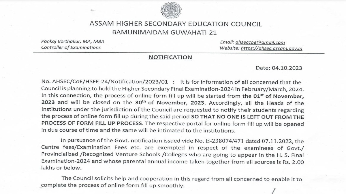 Assam HS Board Exam 2024