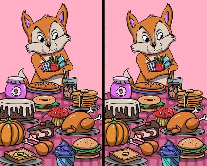 Prove yourself by finding 12 differences between the fox eating snacks ...