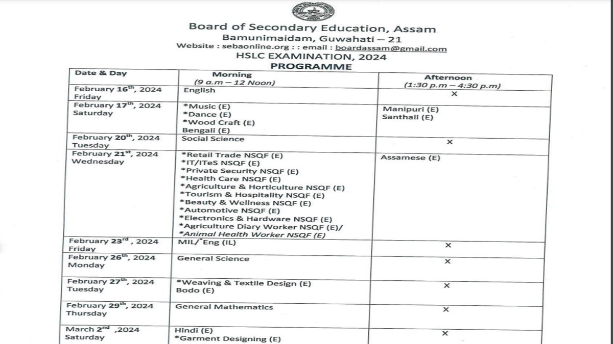 Assam HSLC Routine 2024 Released, SEBA 10th Exam From Feb 16, Check PDF