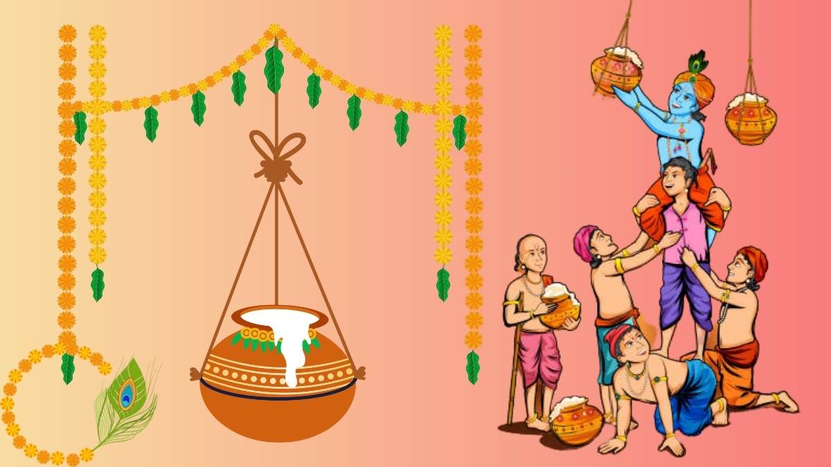 Premium Vector | Happy krishna janmashtami two hanging pots little krishna dahi  handi vector illustration stock
