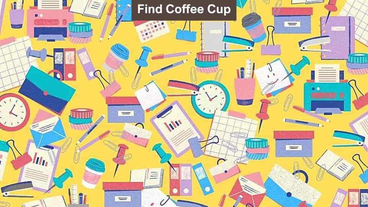 Find the coffee mug among office supplies in 6 seconds